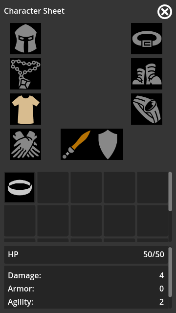 Character sheet showing equipement, inventory and player stats.